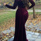 Elegant Velvet V-neck Long Sleeves Side-slit Mermaid Long Train Prom Dress Y5517