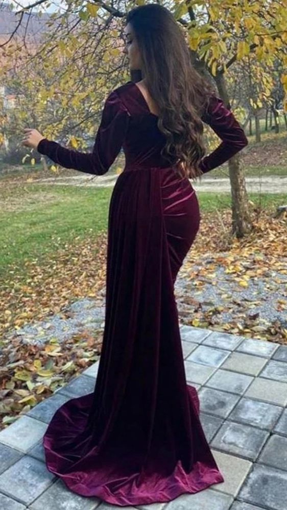 Elegant Velvet V-neck Long Sleeves Side-slit Mermaid Long Train Prom Dress Y5517