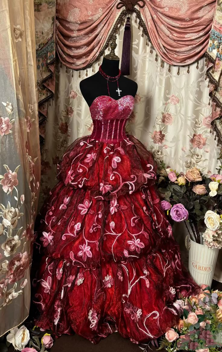 Pretty Red Tulle Sequin  Floral Layered Sweet 16 Dress Formal Princess Quinceanera Dress SP935