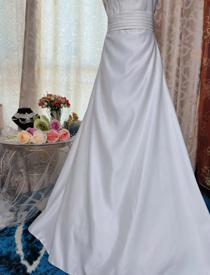 Elegant Strapless Satin Mermaid White Long Wedding Dress Bridal Dress SP1953