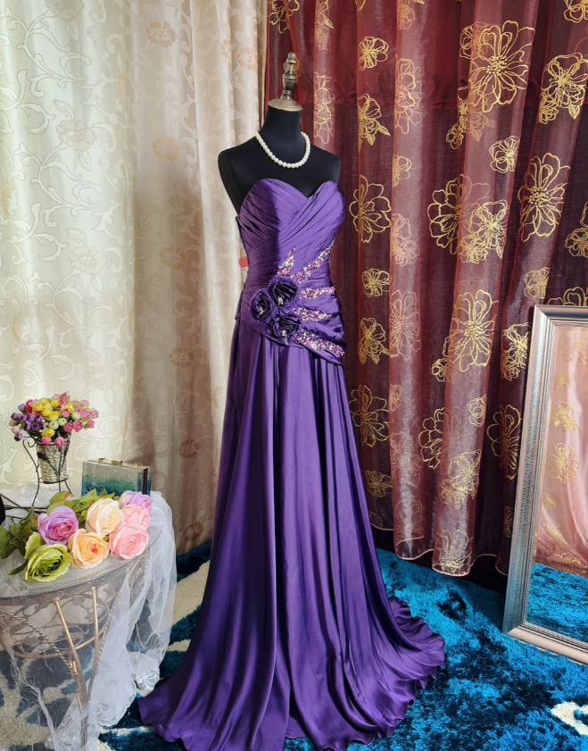 Elegant Strapless Purple Satin Pleated Beaded Mermaid Long Party Dress 19th Birthday Outfits SP1955