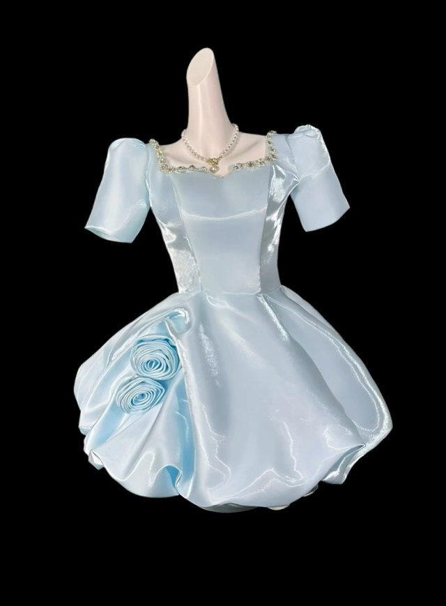 Sweet Blue Satin Beaded A Line Short Homecoming Dress Birthday Dress With 3D Floral SP3506