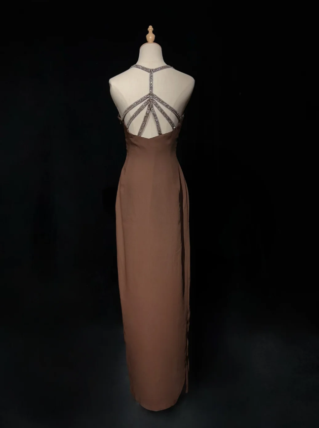 Stylish Spaghetti Straps Brown Satin Beaded Slit Long wedding Guest Dress Formal Evening Dress SP1970