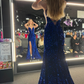 V-Neck Spaghetti Straps Sequins Mermaid Long Evening Dress Y5359