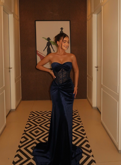 Sexy Sweetheart Neck Navy Blue Velvet Lace Mermaid Long Party Dress Birthday Prom Gown SP1314