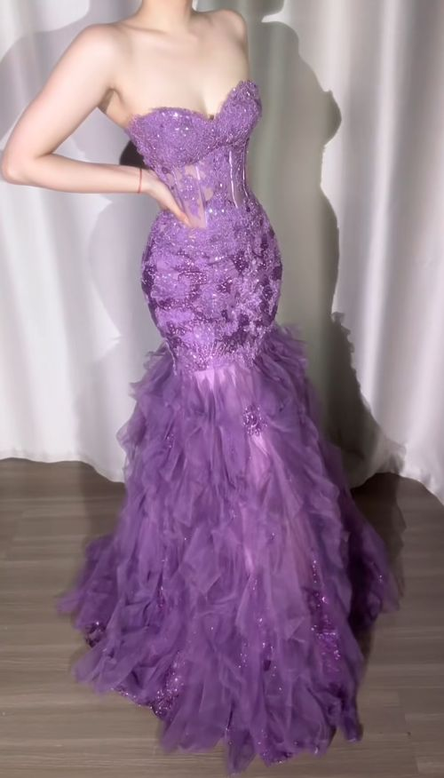 Glamorous Strapless Purple Tulle Lace Sequin Mermaid Evening Dress Long Birthday Party Dress SP1682