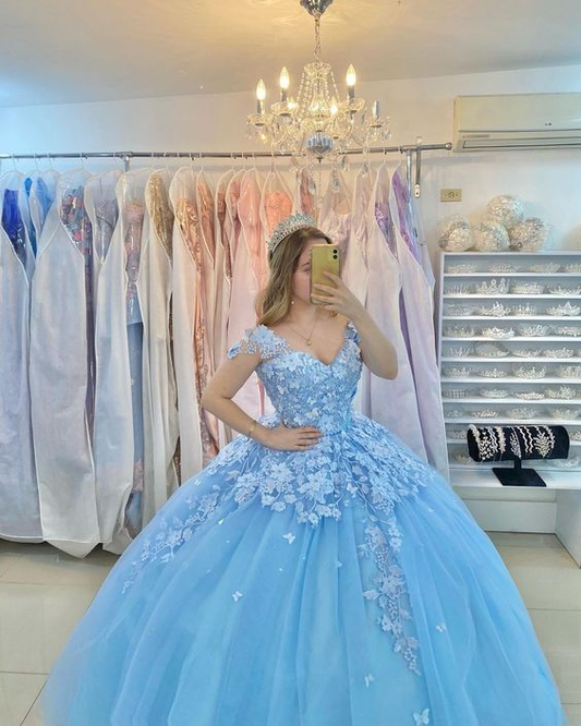 Off The Shoulder Blue Tulle Appliques Ball Gown Sweet 16 Dress Y6077