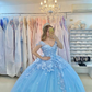 Off The Shoulder Blue Tulle Appliques Ball Gown Sweet 16 Dress Y6077