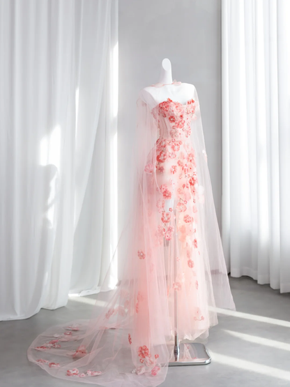 Pretty Pink Strapless Tulle Beaded Appliques Long Birthday Party Dress Prom Gown SP1511