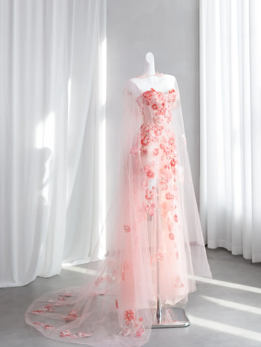 Pretty Pink Strapless Tulle Beaded Appliques Long Birthday Party Dress Prom Gown SP1511