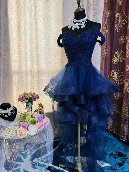 Vintage Off The Shoulder Navy Blue Tulle Appliques Short Homecoming Dress Birthday Outfits SP79