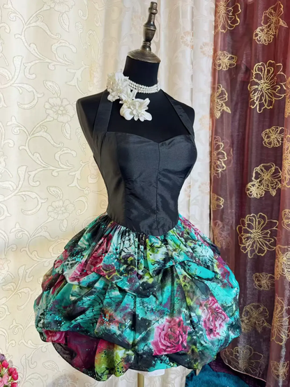 Chic Black Halter Satin Chiffon Print Floral A Line Short Graduation Homecoming Dress Cocktail Dress SP2195