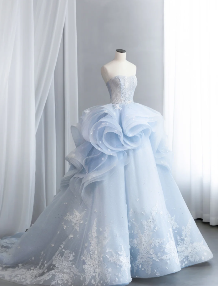 Charming Blue Tulle Sequin Appliques Princess Bridal Dress Long Wedding Dress SP1521