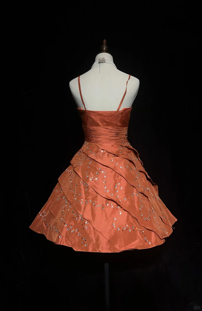 Elegant Sweetheart Neck Satin Beaded A Line Mini 19th Birthday Outfits,Orange Short Homecoming Dress SP2904