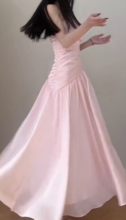 Classy Pink Spaghetti Straps Chiffon Pleated Mermaid Evening Dress Formal Wedding Guest Dress SP621