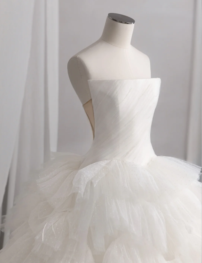 Pretty Off White Strapless Tulle Pleated Layered Long Wedding Dress Bridal Dress SP1522