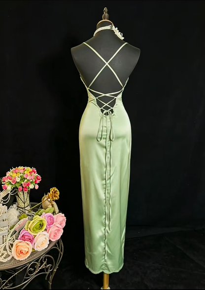 Sexy Spaghetti Straps Sheath Satin Slit Evening Dress Sage Green Backless Long Wedding Guest Dress SP2377