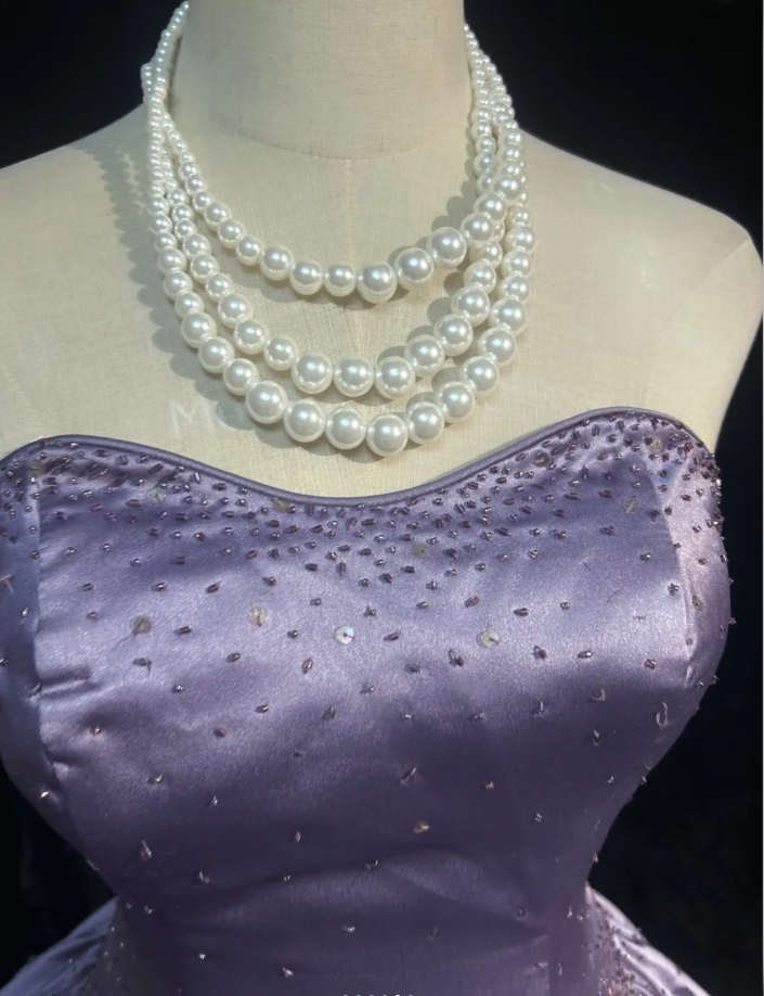 Elegant Strapless Ball Gown Lilac Satin Beaded Long Birthday Evening Dress SP1788