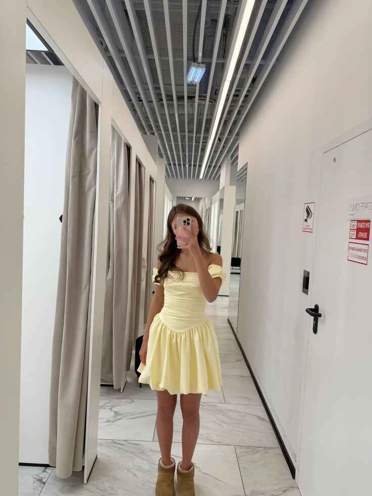 Cute Off The Shoulder Yellow Satin A Line Short Homecoming Dress Birthday Dress SP3963