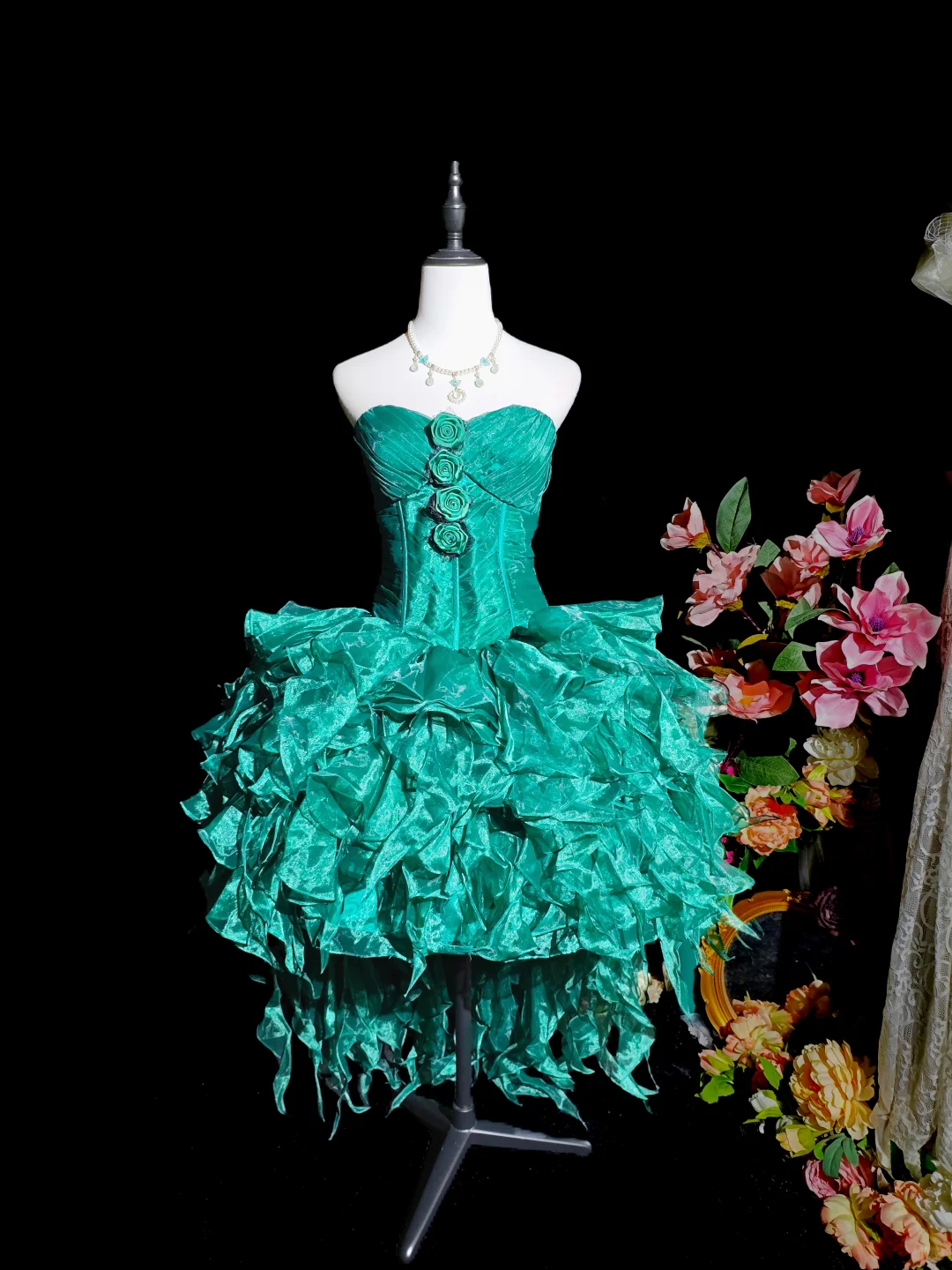 Unique Green Strapless Tulle Ruffle A Line Cocktail Dress,Short 9th Grade Homecoming Dress SP2714