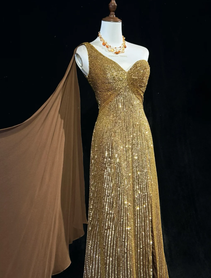 Gorgeous One Shoulder Gold Sequin Beaded Mermaid Long Prom Dress Party Gown SP1857