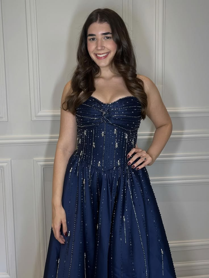 Pretty Navy Blue Satin Beaded A Line Long Party Dress Prom Gown SP4144