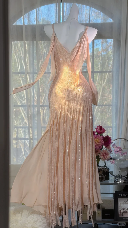 Glitter Spaghetti Straps Chiffon Beaded Mermaid Long Evening Dress Birthday Prom Dresses SP2189