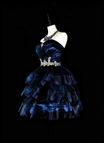 Fashion Navy Blue Satin Tulle Beaded A Line Short 6th Grade Homecoming Dress,Mini Prom Dress SP3387