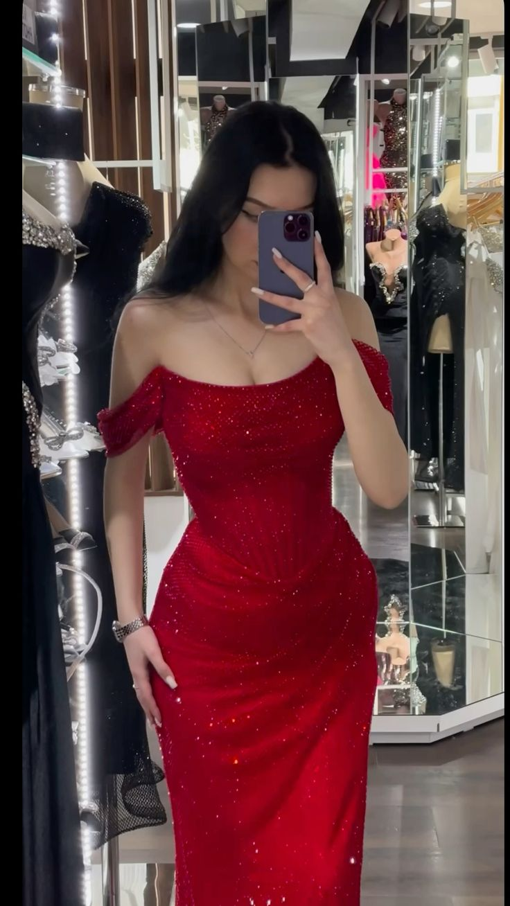 Sparkly Off The Shoulder Red Sequin Slit Mermaid Long Party Dress Prom Gowns SP2166