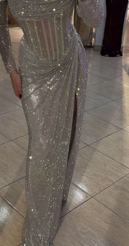 Sparkly Off The Shoulder Sequin High Slit Long Evening Gown,Silver Mermaid Party Dress SP2594