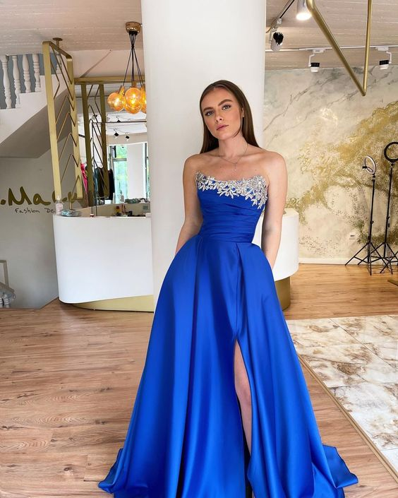 royal blue a line dress Royal Blue A-line High Slit Prom Dress,Royal Blue Evening Dress Y6221 – Simplepromdress