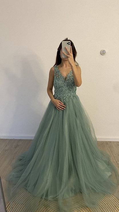 Modest A-line V Neck Tulle Evening Dress, Graduation Dress Y4899 Simplepromdress Modest A-line V Neck Tulle Evening Dress, Graduation Dress Y4899 Simplepromdress