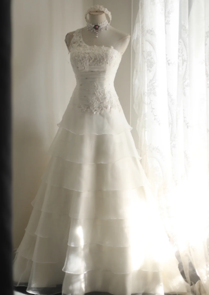 White One Shoulder Organza Beaded Sequin Layered Mermaid Wedding Dress Elegant Long Bridal Dress SP1242