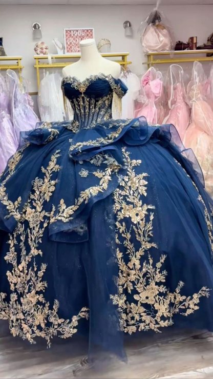 Vintage Navy Blue Ball Gown Off The Shoulder Tulle Appliques Formal Quinceanera Dress SP747
