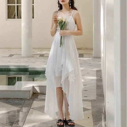 White Chiffon High Low Chic Simple Wedding Party Dress, White Short Prom Dress Graduation Dress Y985