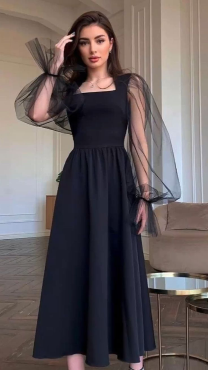 Elegant A-Line Long Sleeves Evening Dress Black Simple Square Collar Party Gowns For Women Y4557