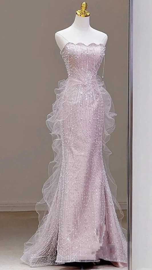 Fairy Pink Strapless Sequin Beaded Mermaid Long Party Dress Birthday Prom Dress SP1216