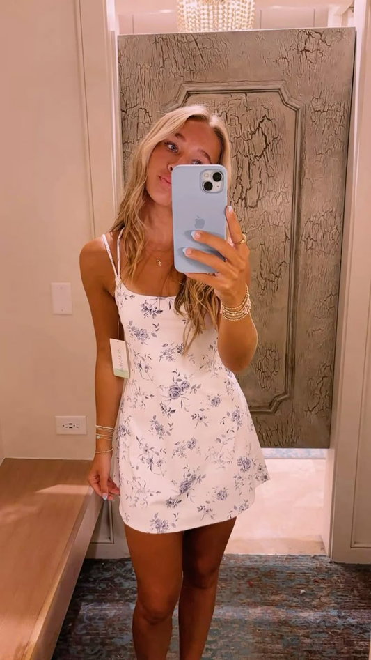 Classy Spaghetti Straps Satin Print Floral A Line Short 18th Birthday Outfits,Formal Graduation Homecoming Dress SP3005