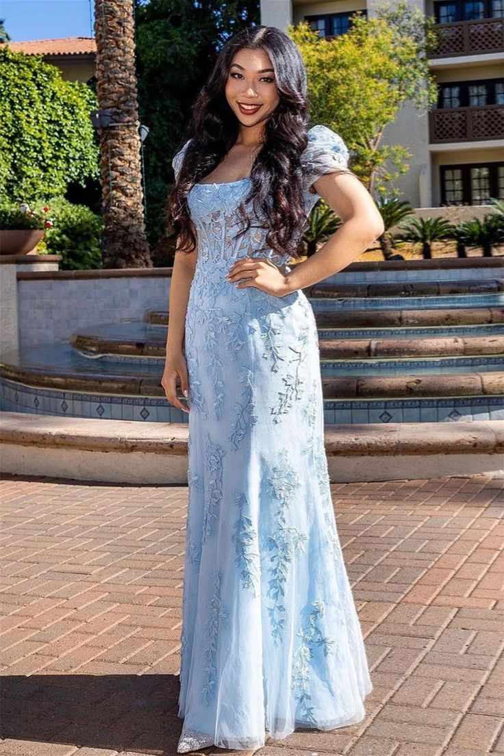 Light Blue Square Neck Puff Sleeves Appliques Tulle Long Prom Dress Y6 Simplepromdress Light Blue Square Neck Puff Sleeves Appliques Tulle Long Prom Dress Y6 Simplepromdress