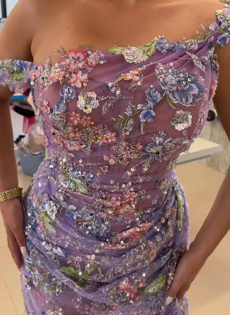 Pretty Off The Shoulder Tulle Sequin Floral Mermaid Evening Dress Lavender Long Birthday Prom Dresses SP1330