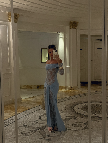 Charming Off The Shoulder Blue Lace Satin Mermaid Long Party Dress Birthday Prom Gown SP1343