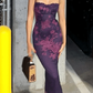 Purple Spaghetti Straps Lace Chiffon Print Floral Sheath Prom Dress Evening Dress Y8245