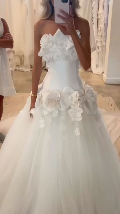 Pretty Strapless White Tulle 3D Flowers Long Wedding Dress SP4186