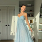 Shiny Spaghetti Straps Light Blue Tulle Sequin Long Wedding Guest Dress Formal Birthday Party Dress SP1403