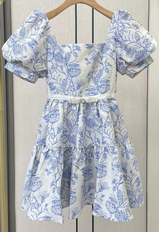 Elegant Blue Satin Print Floral A Line Short Homecoming Dress 18th Birthday Outfits SP140