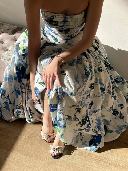 Pretty Strapless Blue Satin Print Floral Pleated Long Party Dress Prom Dress SP4018