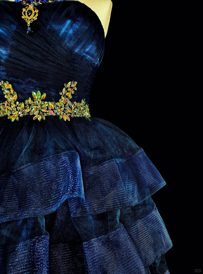 Fashion Navy Blue Satin Tulle Beaded A Line Short 6th Grade Homecoming Dress,Mini Prom Dress SP3387