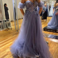 Sparkly Bling High Slit Sweetheart Floral A Line Puffy Sleeves Formal Party Prom Dress Y1862