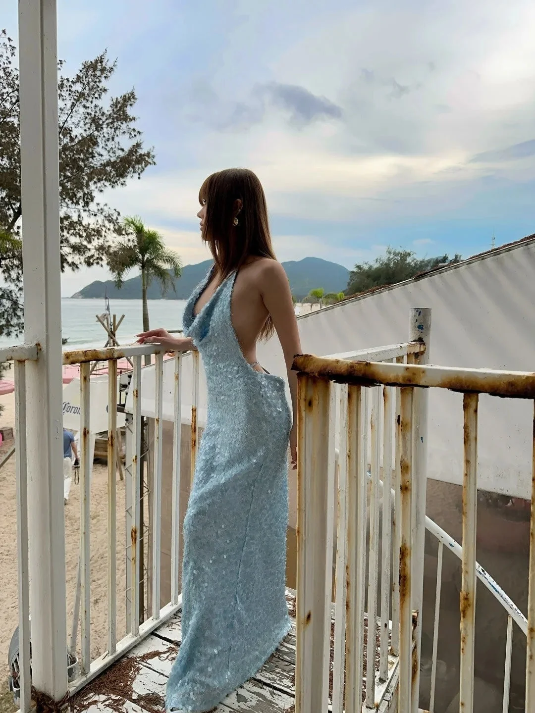 Glitter Halter Light Blue Sequin Mermaid Long Prom Dresses Party Dress SP3981