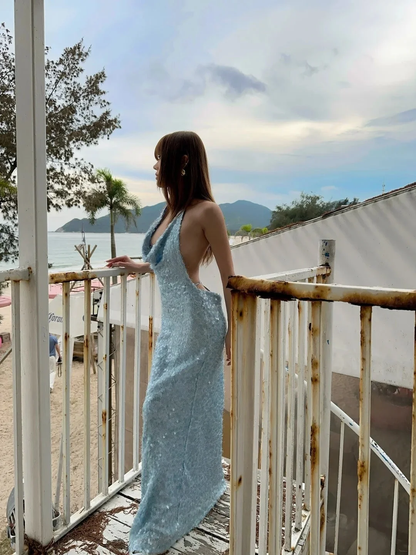 Glitter Halter Light Blue Sequin Mermaid Long Prom Dresses Party Dress SP3981